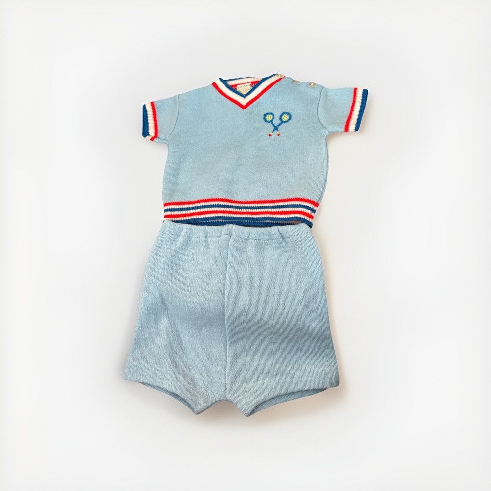 vintage spun cotton baby short set blue white‎ and red tennis 6 months Japan